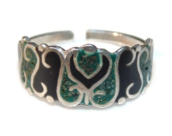 Vintage Estate Crushed Turquoise Sterling Silver Band Ring US Size 5 Jewelry Adj