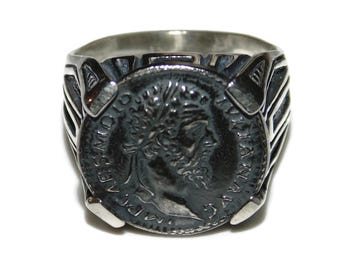 925 Men's Artisanal Sterling Silver Ring Signet Roman Ancient Coin Copy Caesar Rome Didius Julianus Concordia Holding Legionary Eagle