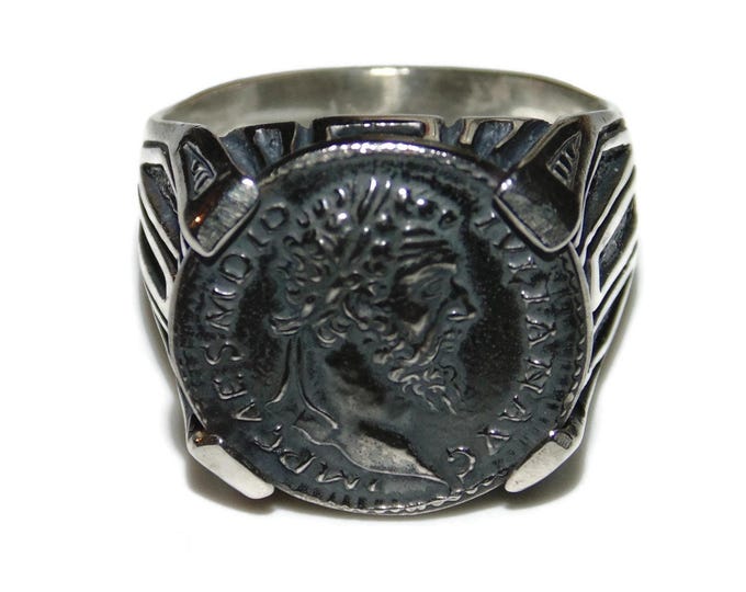 925 Men's Artisanal Sterling Silver Ring Signet Roman Ancient Coin Copy Caesar Rome Didius Julianus Concordia Holding Legionary Eagle