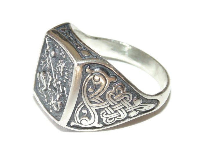 925 Sterling Silver Ring Men's Saint George Celtic Knots Christian Catholic Orthodox Signet Dragon Slayer Protector Birthday Gift For Him
