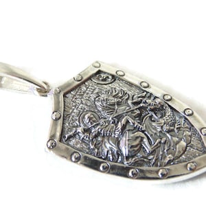 Sterling Silver Saint George Shield Pendant: Biker Rocker Protector Jewelry
