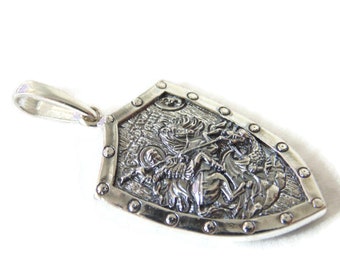 Sterling Silver Saint George Shield Pendant: Biker Rocker Protector Jewelry