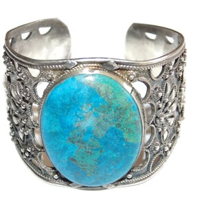 Vintage Sterling Silver Azurite Cuff Bracelet: Ornate Boho Jewelry
