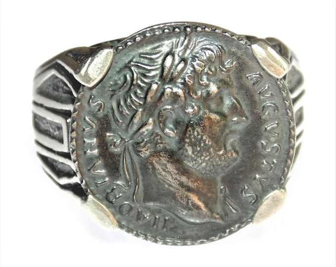 925 Men's Artisan Sterling Silver Ring Signet Roman Ancient Coin Copy Caesar Rome Hadrian Alexandria Roman Egypt Tetradrachm Emperor Chariot