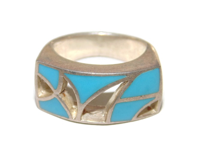 925 Vintage Estate Sterling Silver Ring Size 6 Blue Enamel Statement Modernist Cut Out Front Pinky Pinkie Jewelry Birthday Gift For Her Him