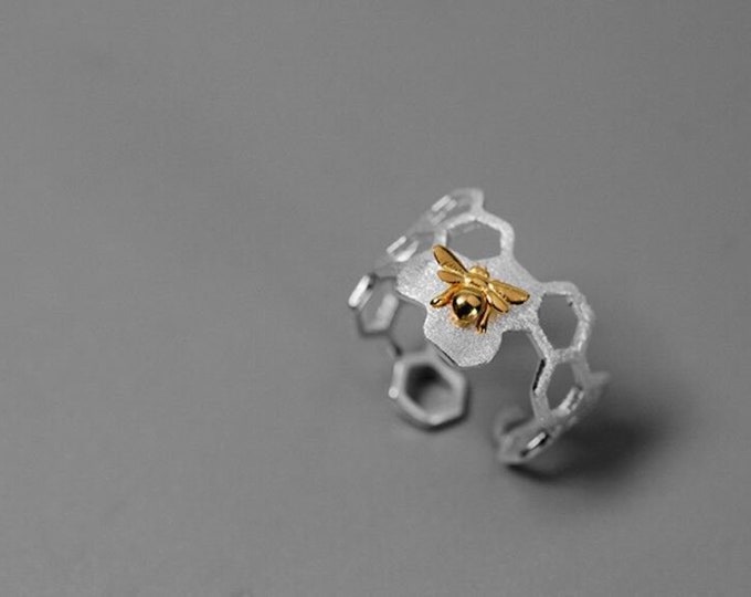 925 Artisan Sterling Silver Ring Open Wrap Hexagon Cluster Honeycomb Gold Bee Honeybee Wide MIDI Band Size 6 Jewelry Birthday Gift For Her