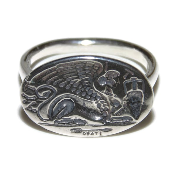 925 Artisan Sterling Silver Ring Unisex Greek Egypt Sphinx Sphynx Mythological Protector Signet Pinky Pinkie Size 8 Jewelry Birthday Gift