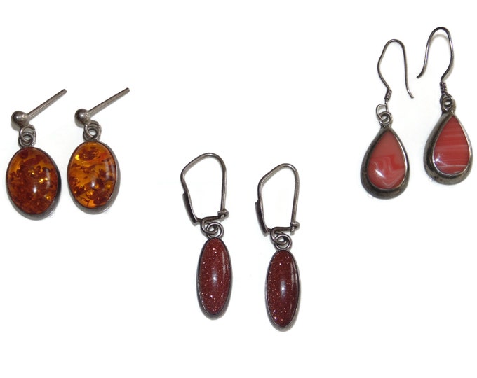 925 Vintage Estate Sterling Silver Earrings Boho Hook Tear Drop Dangle Amber Pink Stone Sandstone Jewelry Jewellery Birthday Gift For Her