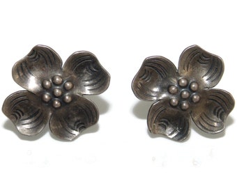 925 Very Old Vintage Estate Sterling Silver Earrings Dogwood Screw Back Jewelry Jewellery Birthday Gift For Her