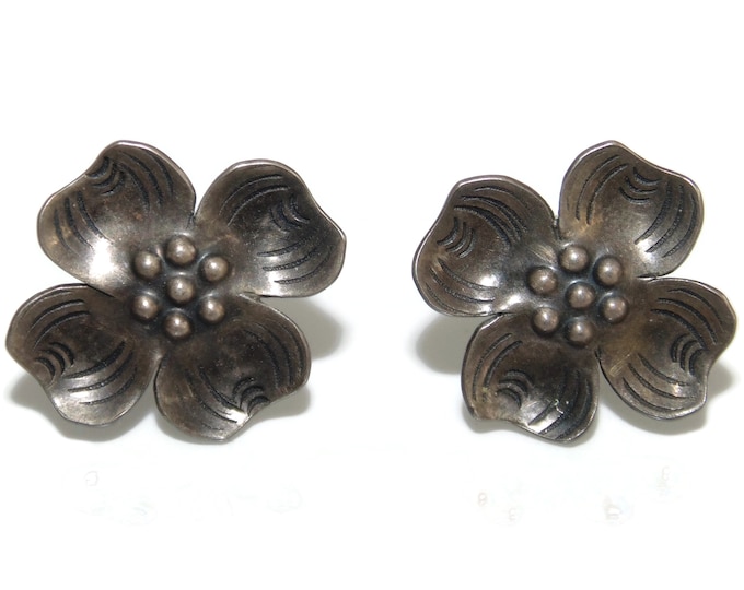 925 Very Old Vintage Estate Sterling Silver Earrings Dogwood Screw Back Jewelry Jewellery Birthday Gift For Her