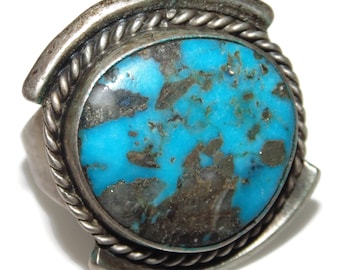 Vintage Estate Sterling Silver Southwestern Blue Turquoise Mens Signet Ring US Size 12 Biker Rocker