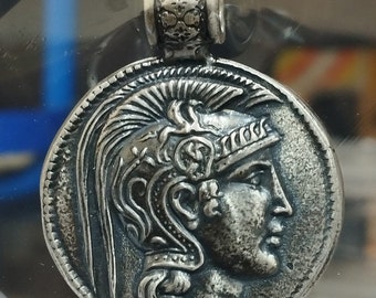 Ancient Greek Coin Athens Tetradrachm Head of Athena Goddess 925 Artisanal Copy Pendant Medallion Sterling Silver Jewelry Birthday Gift