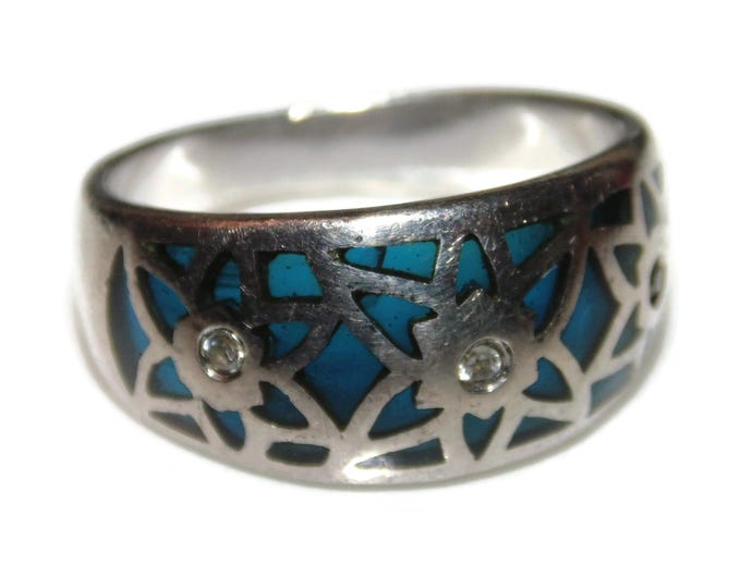 925 Vintage Estate Sterling Silver Ring Statement Blue Sun Catcher See Though  Grid Size 7 Jewelry Birthday Gift For Her Him