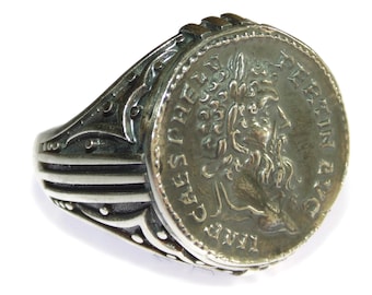 925 Men's Artisanal Sterling Silver Ring Signet Roman Ancient Coin Copy Caesar Rome Petrinax Emperor AVG Fortuna Holding Globe Cornucopia
