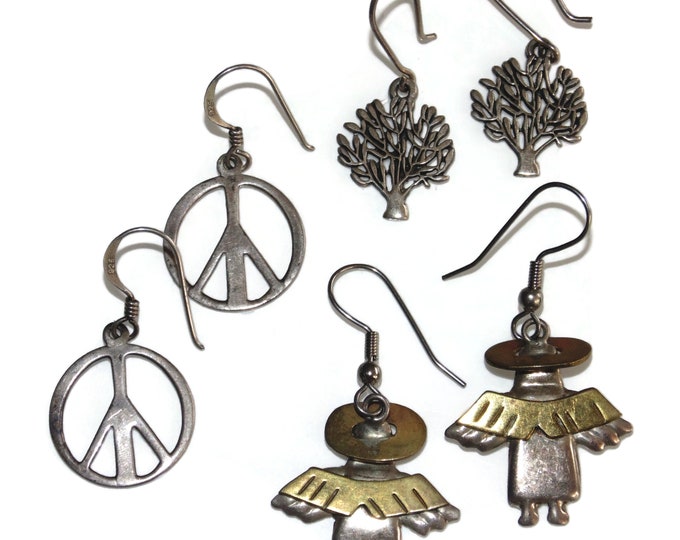 925 Sold Separately Vintage Estate Sterling Silver Boho Dainty Earrings Angels Hippy Peace Sign Tree of Life Jewelry Birthday Gift For Her
