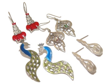 Vintage Sterling Silver Dangle Earrings: Peacock, Filigree, Alice in Wonderland - Sold Separately