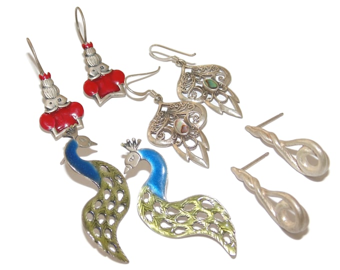 925 Sold Separately Sterling Silver Earrings Vintage Estate Artisan Filigree Peacock Alice Wonderland Pierced Jewelry Birthday Gift For Her