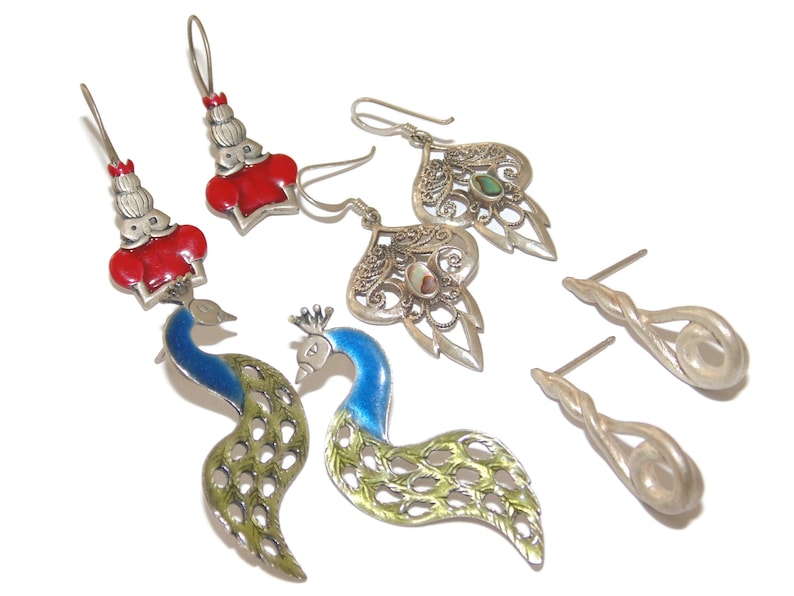 925 Sold Separately Sterling Silver Earrings Vintage Estate Artisan Filigree Peacock Alice Wonderland Pierced Jewelry Gift For Her Argent