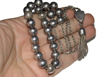 925 Vintage Men's Estate Sterling Silver Komboloi Greek Worry 27 Prayer Beads 25" Chain Mala Jewelry Jewellery Birthday Gift For Him
