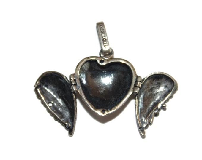 925 Vintage Estate Sterling Silver Locket Pendant Heart Shaped Angel Wings Container Picture Birthday Gift For Her Boho Jewelry Jewellery