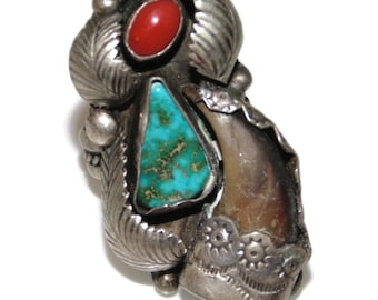 Massive Vintage Estate Sterling Silver Southwestern Turquoise Coral Mens Signet Ring US Size 11  Biker Rocker