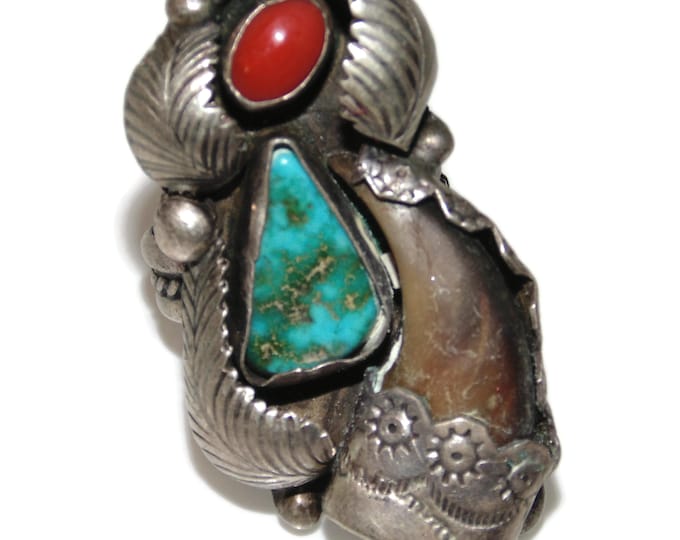 Massive Vintage Estate Sterling Silver Southwestern Turquoise Coral Mens Signet Ring US Size 11  Biker Rocker