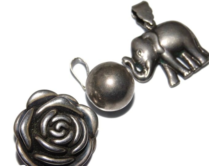 925 Sold Separately Vintage Estate Sterling Silver Pendant Puffy Orb Sphere Flower Elephant Jewelry Jewellery Birthday Gift For Her