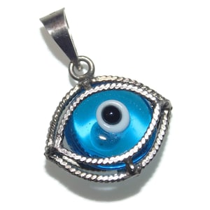 Vintage Sterling Silver Blue Glass Evil Eye Heart Pendant
