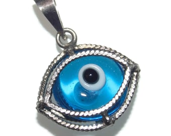 925 Vintage Estate Sterling Silver Blue Glass Evil Eye Protection Heart Pendant Jewelry Jewellery Birthday Gift For Her