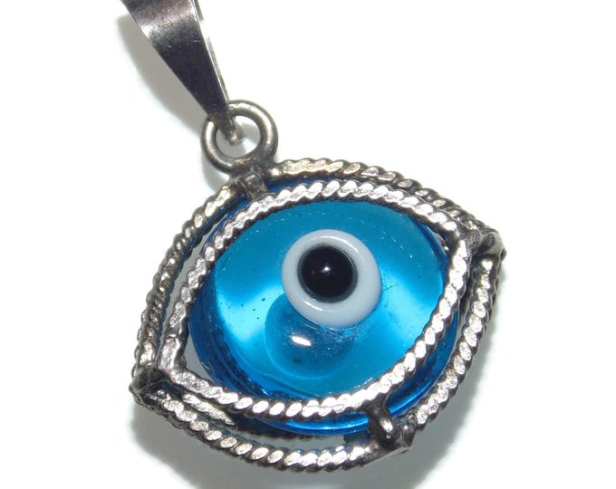 925 Vintage Estate Sterling Silver Blue Glass Evil Eye Protection Heart Pendant Jewelry Jewellery Birthday Gift For Her