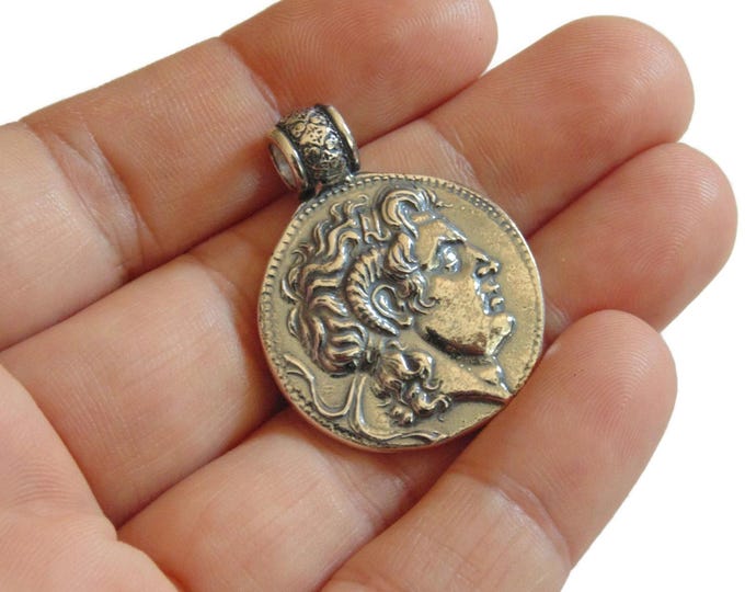 Ancient Greek Coin Alexander The Great Horns of Ammon Goddess Athena Artisanal Copy Pendant Medal Medallion Solid Sterling Silver Jewelry