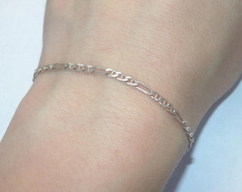 925 Sterling Silver Bracelet Vintage Estate Mariner Figaro Cable Links Chain 8.25" Long Jewelry Jewellery Birthday Gift For Her Him