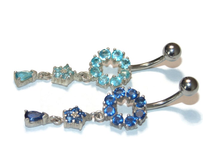 New Hypoallergenic Surgical Bar Sterling Silver Elements Blue Crystal Rhinestones Belly Button Navel Ring Piercing Dangle Drop