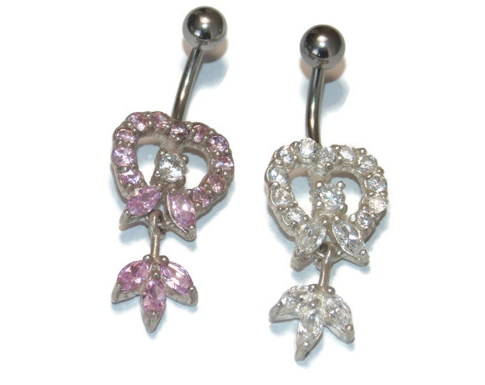 New Hypoallergenic Surgical Steel Bar Sterling Silver Clear Pink Rhinestones Belly Button Navel Ring Bar Piercing Dangle Heart Flower 925