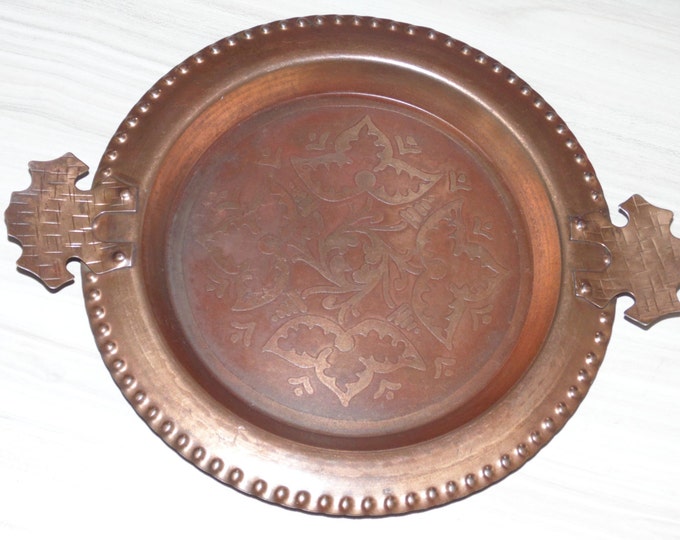 Vintage Estate Large Round With Handles Decorative All Solid Copper Oriental Etched Ornate Floral Dish Plate GIft For Her