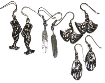 Vintage Sterling Silver Dangle Earrings: Mermaid, Feather, Masks, Unicorn