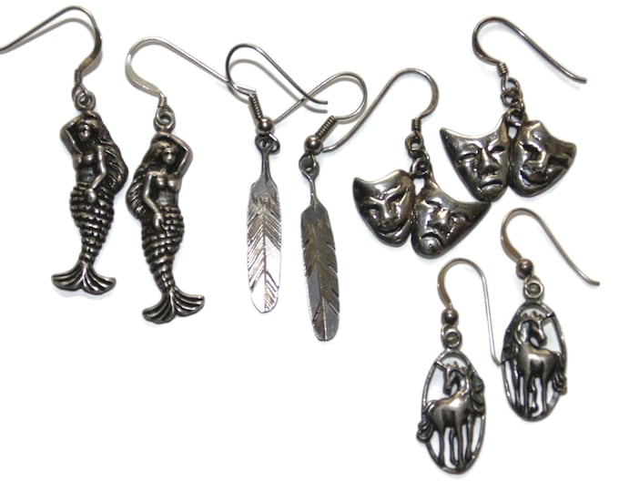 925 Sold Separately Vintage Estate Sterling Silver Earrings Dangle Drop Mermaid Feather Theater Masks Unicorns Jewelry Birthday Gift For Her