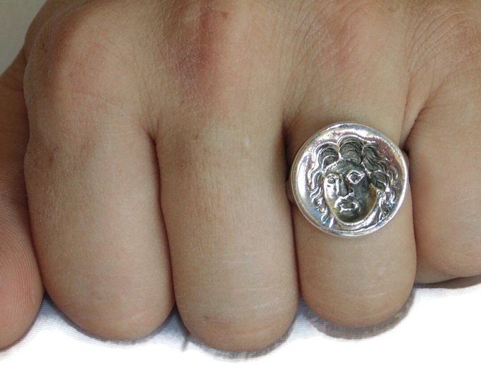 Mens Large Signet Stamp Wax Seal Rhode Coin Helios Colossus Artisan Solid Sterling Silver Ring US Size 11 925 Jewelry Jewellery Gift For Him