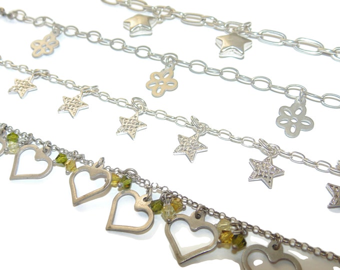 925 Sold Separately Vintage Estate Sterling Silver Stars Hearts Flowers Charms Dangle Chain Bracelet Jewelry Birthday Gift For Her Argent