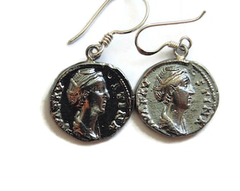 925 Sterling Silver Coin Earrings Artisan Made Copy Ancient Roman Rome Coin DENARIUS Dangle Drop Jewelry Birthday Gift For Her