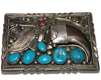 Vintage Estate Navajo B. Begays Sterling Silver Coral Claw Turquoise Large Belt Buckle Jewelry