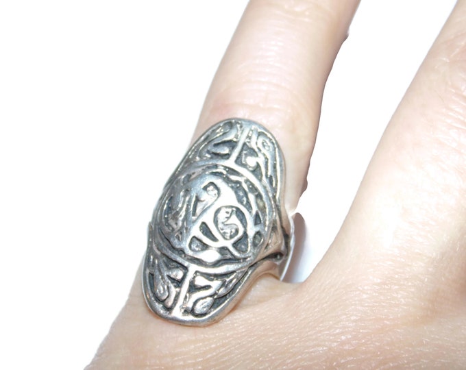 925 Vintage Estate Sterling Silver Ring Boho Celtic Ornate Long Front US Size 7 Jewelry Jewellery Birthday Birthday Gift For Her Him Unisex