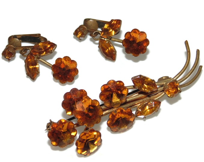 RARE Vintage Estate Large Statement Crystal Citrine Orange Stones Brooch Earrings Set Costume Jewelry Jewellery Birthday Gift For Her