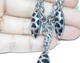 925 Vintage Estate Sterling Silver Chain Necklace Artisan Chunky Dangle Black Teardrop Pendants Statement Jewelry Birthday Gift For Her