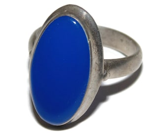 Vintage Sterling Silver Blue Acrylic Statement Ring - Size 8