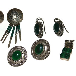 Vintage Sterling Silver Southwestern Earrings: Malachite & Jadeite