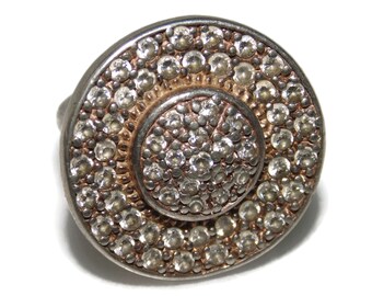 925 Vintage Estate Sterling Silver Ring Large Round Button Adorned with Rhinestones US Size 5 Jewelry Jewellery Birthday Gift For Her