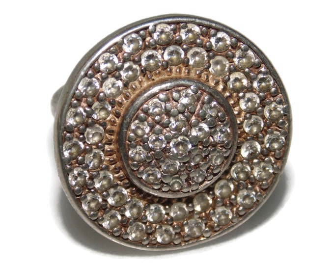 925 Vintage Estate Sterling Silver Ring Large Round Button Adorned with Rhinestones US Size 5 Jewelry Jewellery Birthday Gift For Her