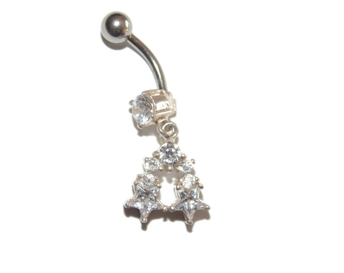New Hypoallergenic Surgical Steel Bar Sterling Silver Elements Crystal Rhinestones Long Belly Button Naval Ring Piercing Bar Dangle Stars