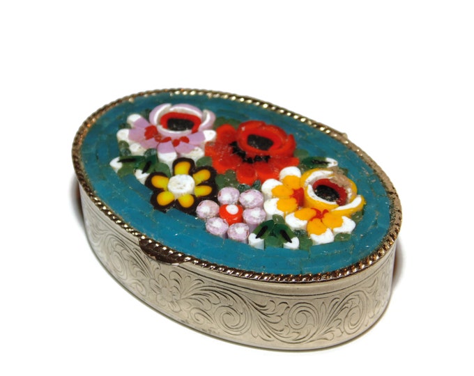 Vintage Estate Pill Ring Box Case Medium Size Oval Gold Tone Italy Microceramic Micro Ceramic Flowers Bouquet Poppies Birthday Gift For Her